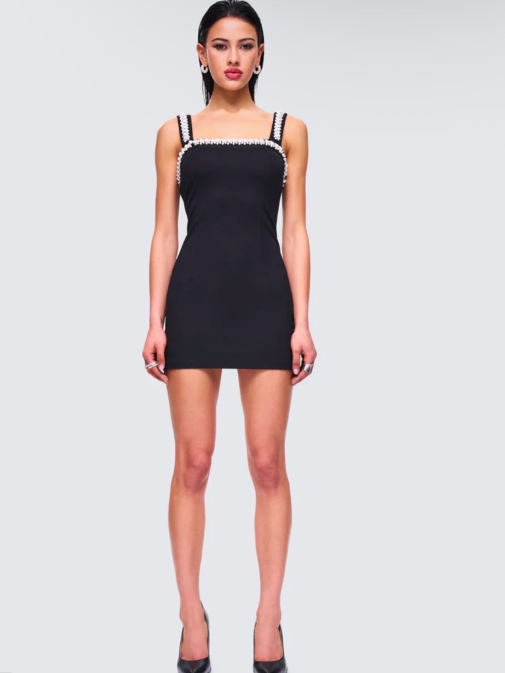 Finesse Black Mini Dress with Pearl-Trim Straps